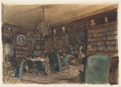 De bibliotheek in het appartement van graaf Lanckoronski in Wenen, Riemergasse 8 door Rudolf von Alt